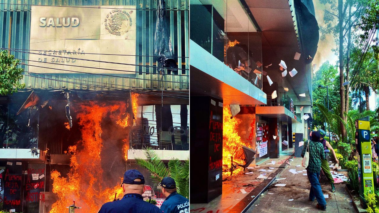 Manifestantes prenden fuego a entrada de Secretaría de Salud en Polanco Manifestantes prenden fuego a entrada de Secretaría de Salud en Polanco